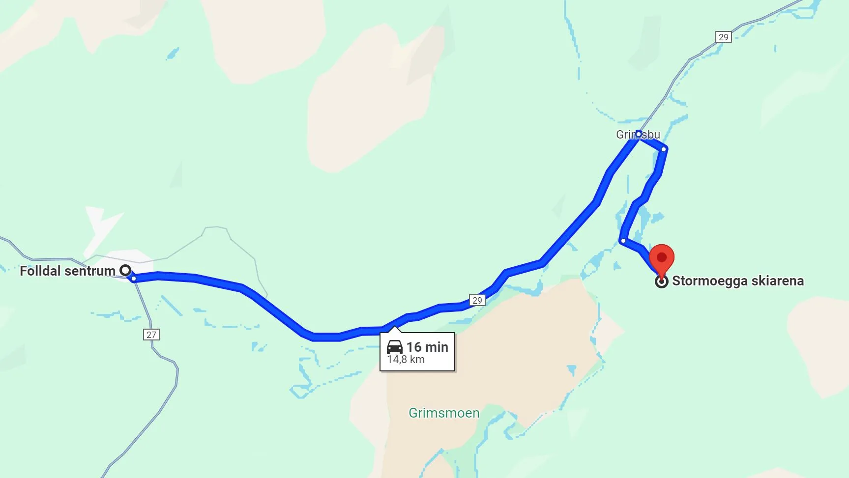 Kart som viser ruta fra Folldal sentrum til Stormoegga skiarena